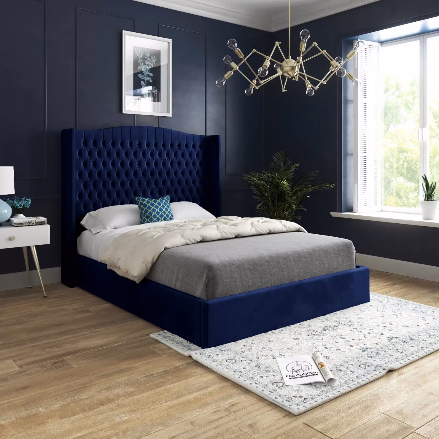 Casani Chesterfield Upholstered Velvet Bed Frame in Blue, W/D/H: 200 x 137 x 189 cm – 2