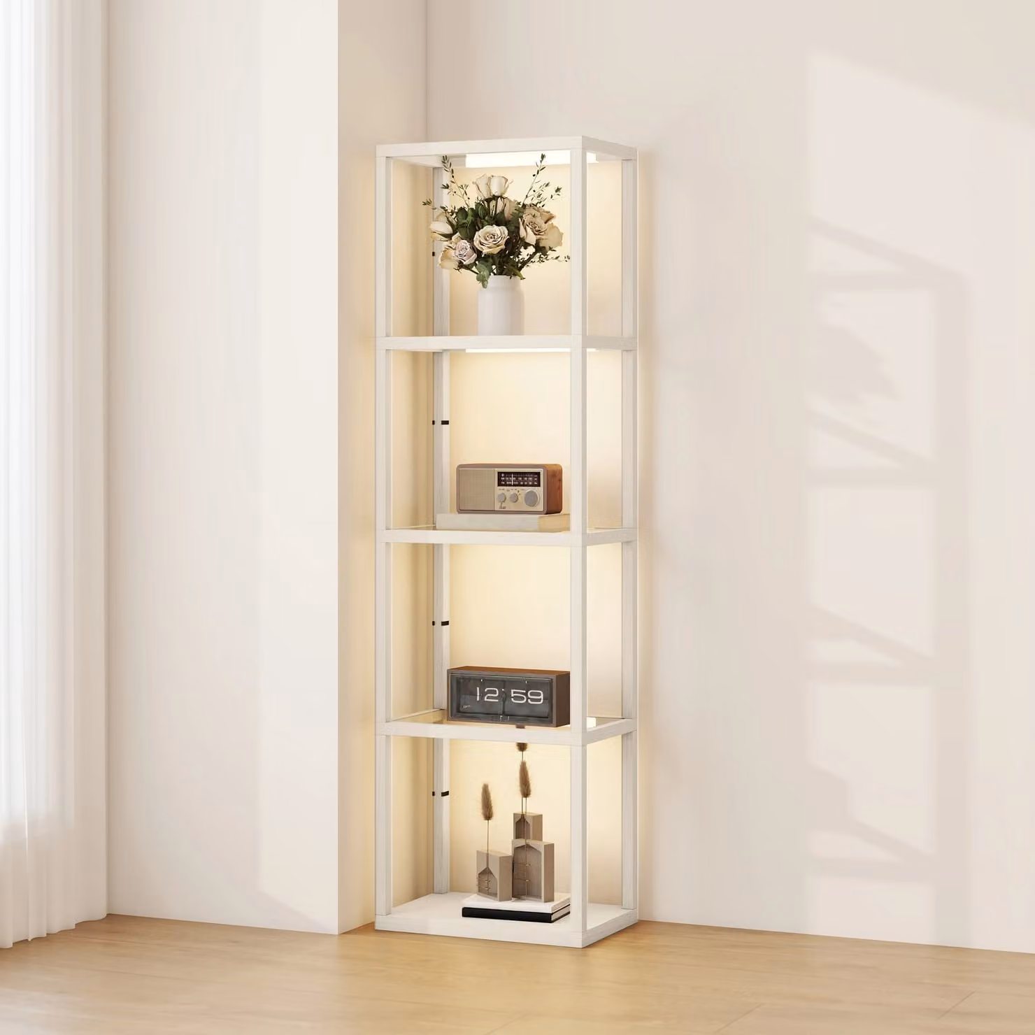 HOMCOM Dimmable LED Floor Lamp with 4 Glass Shelves in White and Wood – 2