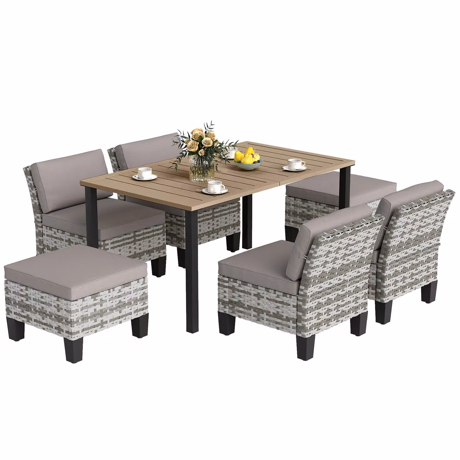 Outsunny 7-Piece Grey Polyrattan Garden Dining Set with Metal Frame and Cushions – 2
