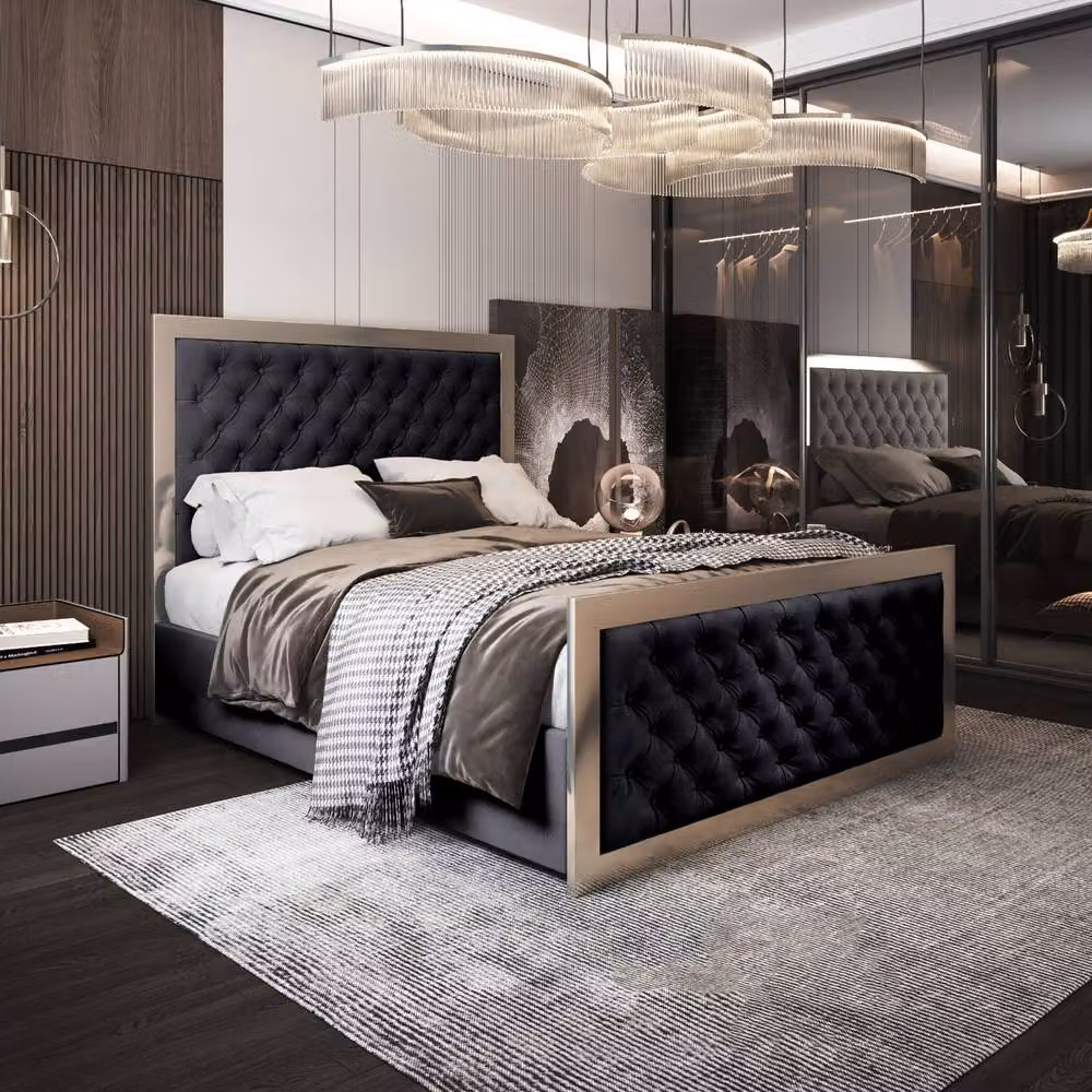 Casani Launceston Upholstered Velvet Designer Bed Frame in Black, W/D/H: 200 x 137 x 200 cm – 2