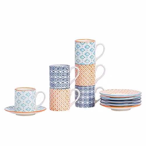 Nicola Spring 12 Piece Hand Printed Porcelain Espresso Cup and Saucer Set, 65ml, Blue, Orange and Multicolour