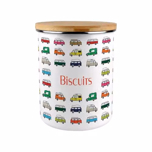 Purely Home Campervan Print Biscuit Storage Canister, 2.7 l, Multicolour Enamel with Bamboo Lid – 1