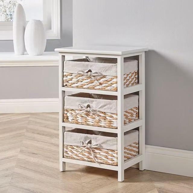 Home Source Norfolk 3 Wicker Basket Drawer Chest Storage Unit in White