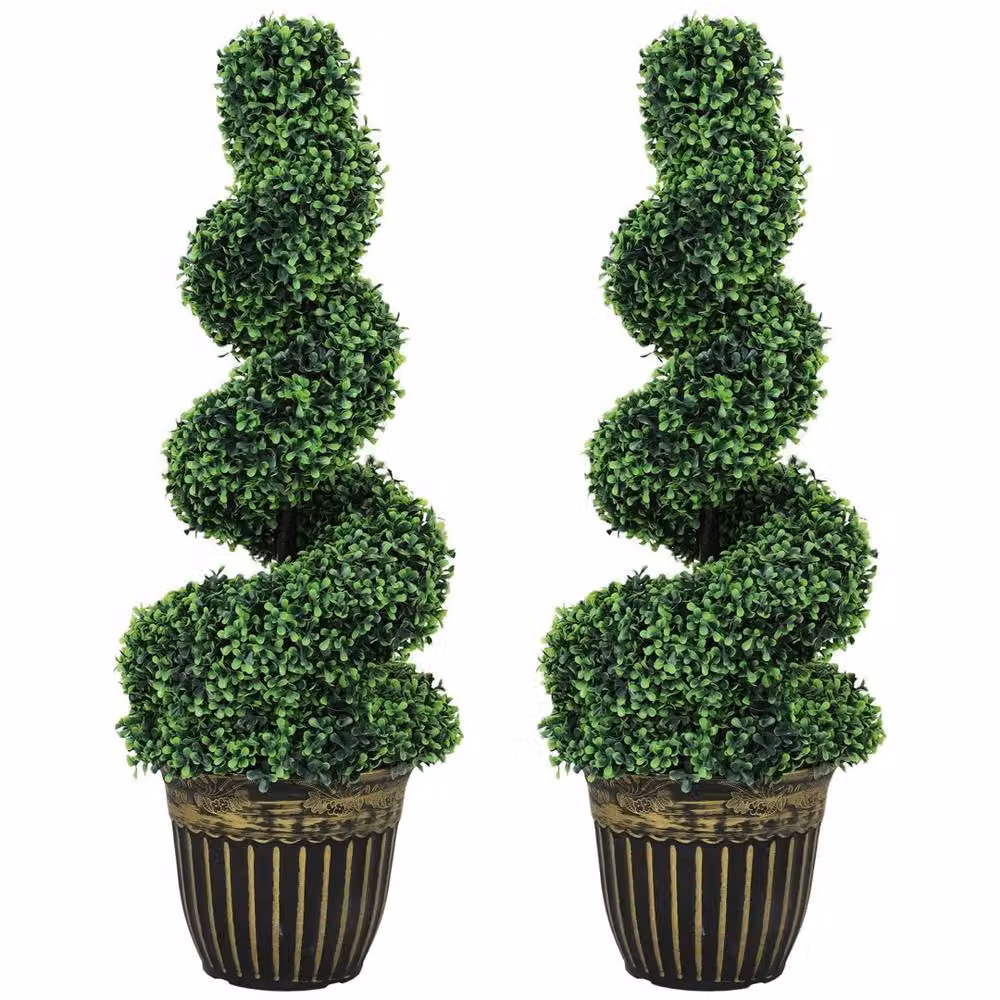 Ventryn Set of 2 Green Artificial Spiral Boxwood Topiary Trees, Height: 90 cm – 2