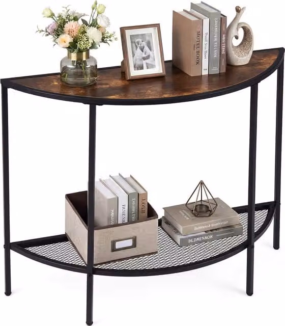 COSTWAY 2 Tier Narrow Industrial Entryway Table in Black and Brown Metal