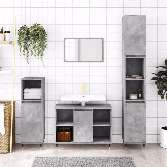 Berkfield Home Industrial Bathroom Cabinet in Concrete Grey with Hinged Doors and Open Shelf, W/D/H: 30 x 30 x 100 cm – 1