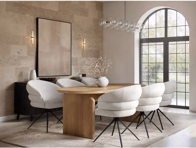 Solace+Co Varm Wooden Ribbed Dining Table and 6 Eira Chairs Set in Brown and Beige, W/D/H: 180 x 90 x 76 cm – 1