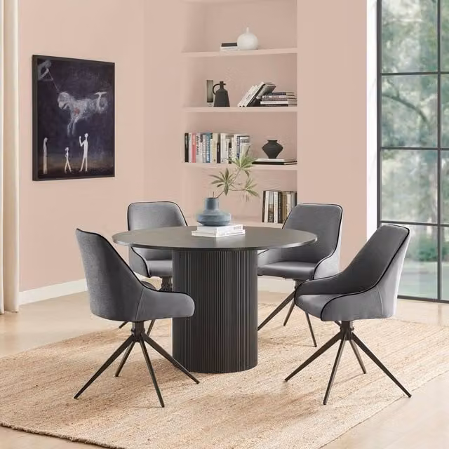 FurnitureboxUK Penrose Black Round Dining Table and 4 Beaumont Grey Fabric Swivel Chairs, Diameter: 120 cm