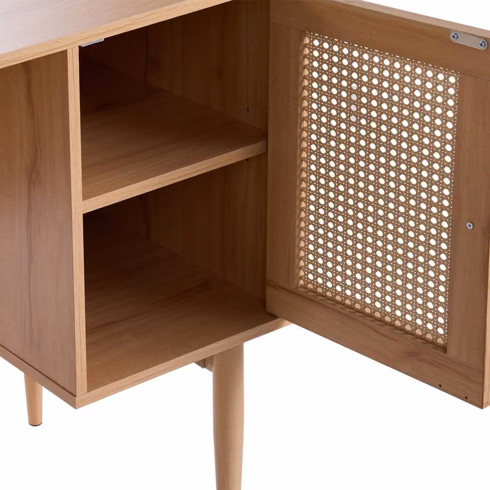 Wyld and Coco Modern Home Office Computer Desk in Light Brown Wood with PE Rattan 2 Door Storage – 4