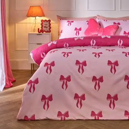 OHS Reversible Bow Print Microfibre King Size Duvet Cover and Pillowcase Set in Red and Pink, W/D/H: 180 x 200 cm, Pillowcase: 48 x 74 cm