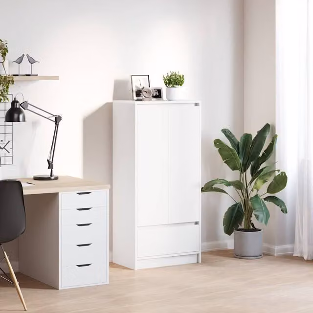 Berkfield Freestanding Home Cabinet with Drawer and Hinged Doors, White, W/D/H: 55.5 x 34 x 119.5 cm
