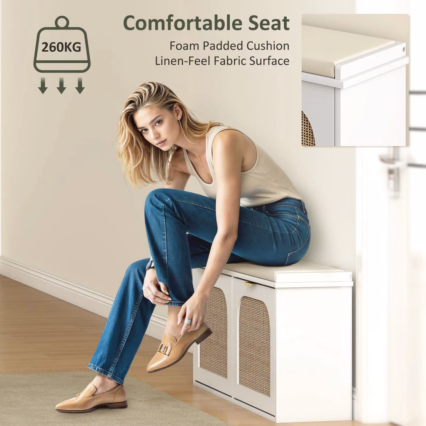 HOMCOM Boho White Shoe Bench with Padded Fabric Seat and Rattan Flip-Drawers – 3