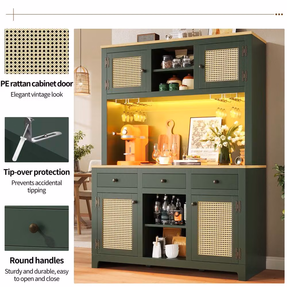 Rolipo Vintage PE Rattan Tall Storage Cabinet with LED Lights and Drawers in Green, H: 180.0 cm, W: 120.0 cm – 6