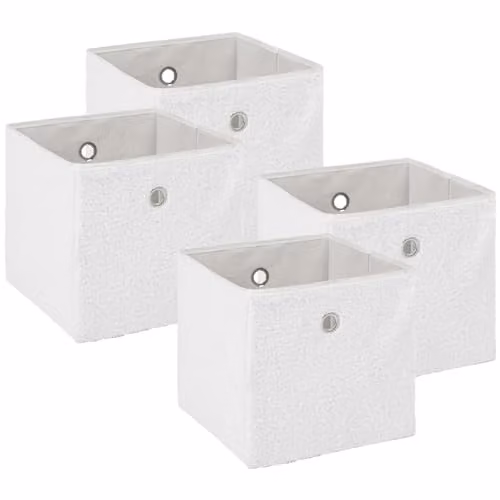 OHS Pack of 4 Collapsible Boucle Cube Storage Boxes in White with Handles – 1
