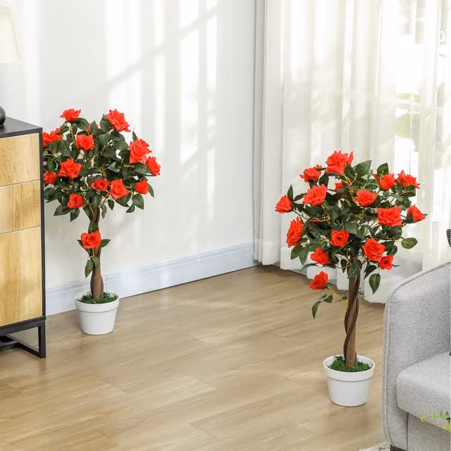 Outsunny Set of 2 Red Artificial Rose Trees with Concrete Base