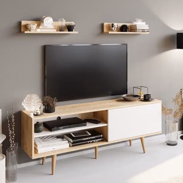 Decorotika Pi Modern TV Unit in White and Yellow with Sapphire Oak Pattern for TVs up to 72 inch