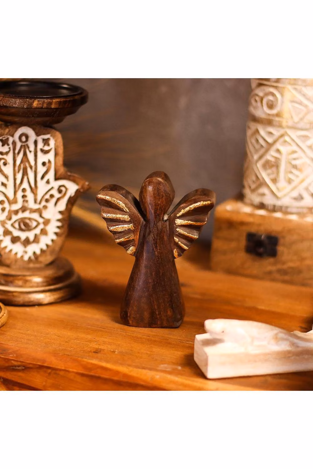 KDMD Small Mango Wood Angel Tabletop Decor with Gold Wings in Brown – 3