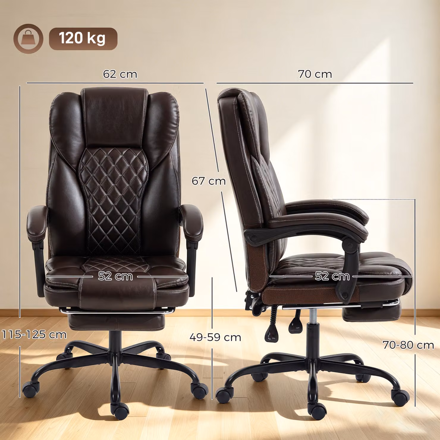 HOMCOM Executive Brown Synthetic Leather Home Office Chair with Reclining Function, Footrest and Headrest – 3