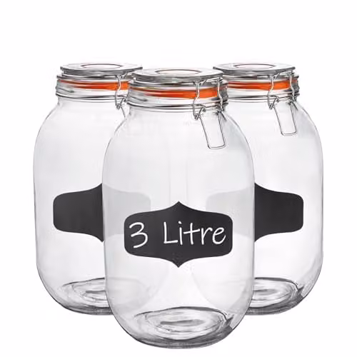 Argon Tableware Set of 3 Transparent Glass Storage Jars with Leakproof Clip Lids and 3.0 l Capacity