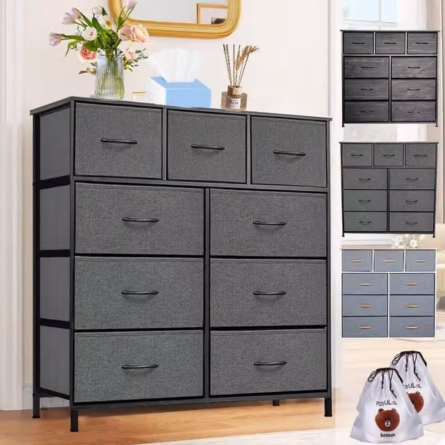 SPETLEK 9 Drawer Fabric Chest of Drawers and Bedside Organiser in Dark Grey