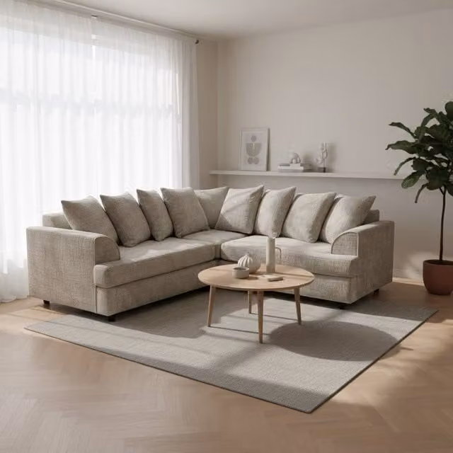 Abakus Direct Ferguson Chenille L-Shape Corner Sofa in Taupe with Deep Seats and Scatter Cushions