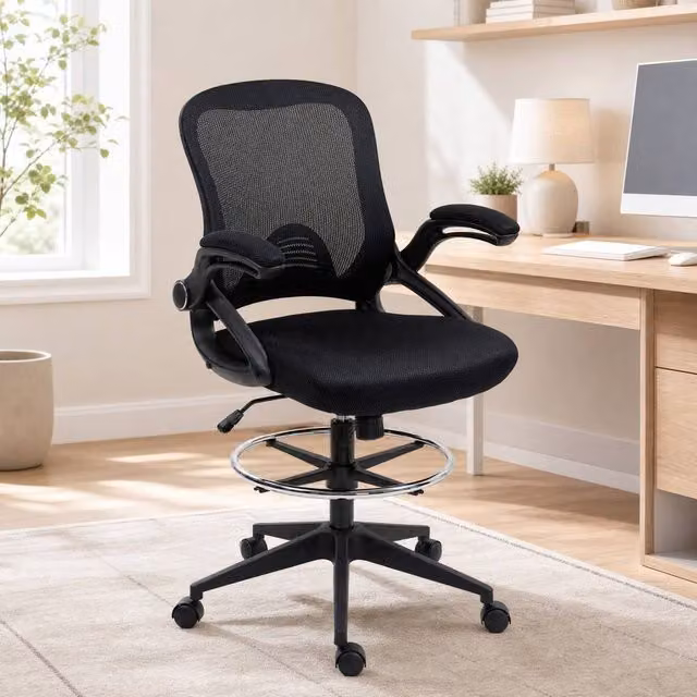 STILVORA Black Fabric Drafting Chair with Flip-up Armrests and Foot Ring