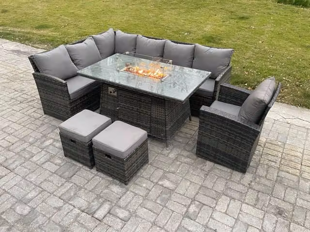 Fimous Rattan Garden Furniture Set in Dark Grey with High Back Corner Sofa, Gas Fire Pit Dining Table, Armchair and 2 Small Footstools