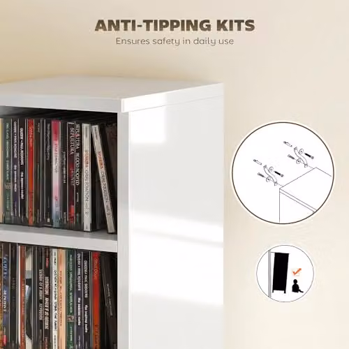 HOMCOM Set of 2 High Gloss White CD and DVD Storage Tower Racks with Adjustable Shelves – 4
