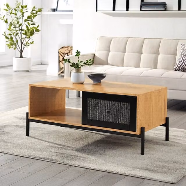 Livingandhome Rectangular Rattan Coffee Table with Storage in Brown and Black