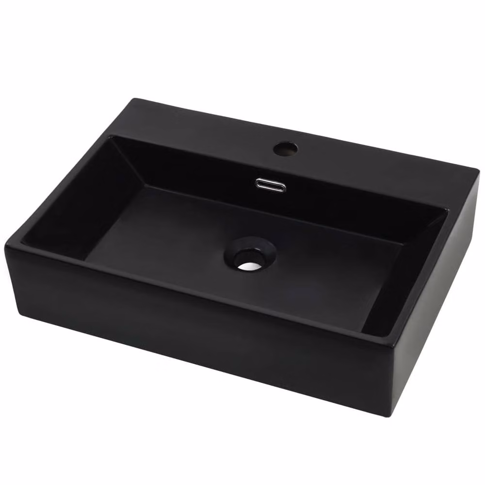 Berkfield Home Elegant Ceramic Rectangular Countertop Basin with Faucet Hole in Black, W/D/H: 60.5 x 42.5 x 14.5 cm – 3