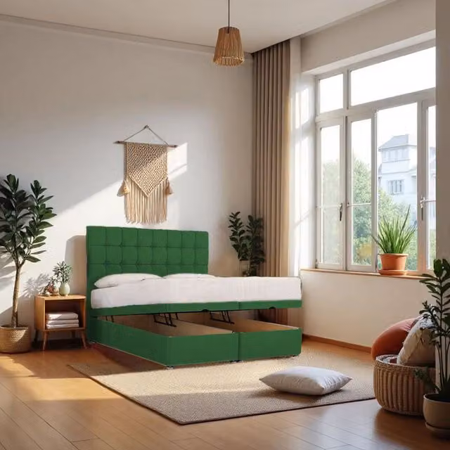 Knight Sleep Cubed End Opening Ottoman Bed with Hybrid Mattress and 24 inch Headboard in Emerald Green, Super King, W/D/H: 200 x 200 cm