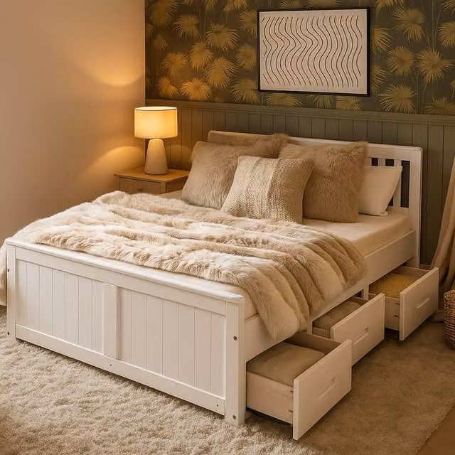 Mission Solid Wood 6-Drawer Storage Bed in White and Waxed, King Size