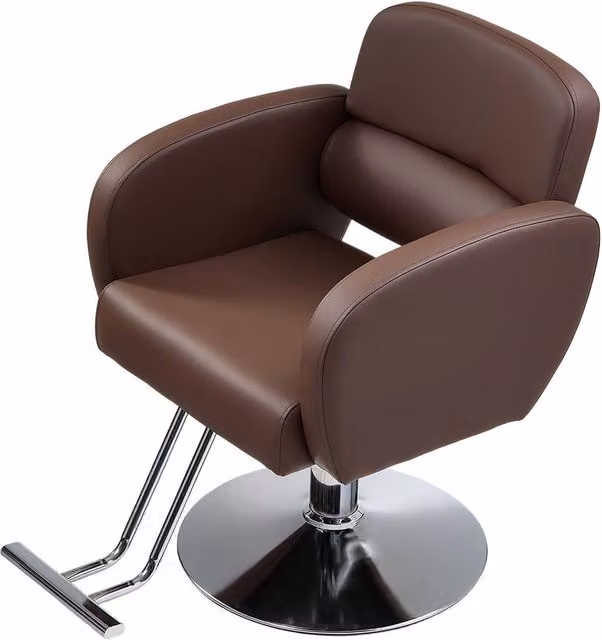 Living and Home Height-Adjustable Swivel Salon Barber Chair in Brown with Armrests and Synthetic Leather