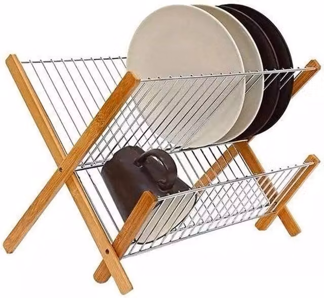 PAWNORA 2-Tier Bamboo Dish Drying Rack in Natural Brown