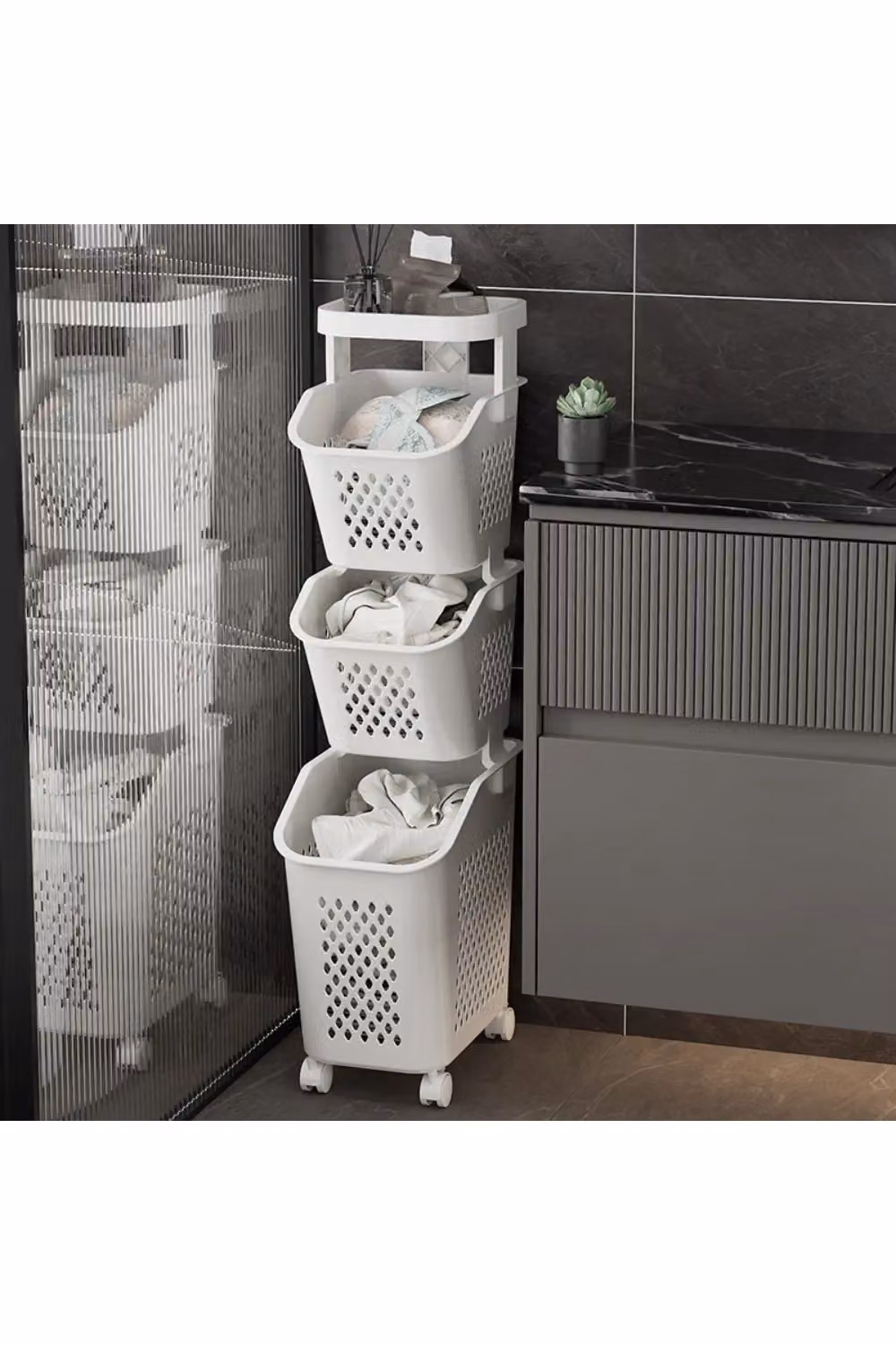 Living and Home 4-Tier Laundry Hamper Storage Rack with Casters in Grey – 2
