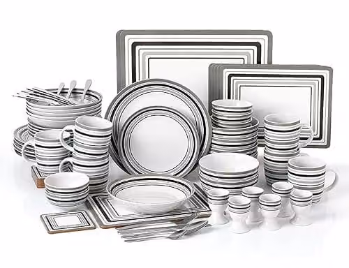 Waterside 80-Piece Grey and White Porcelain Combination Tableware Set with Cutlery and Placemats