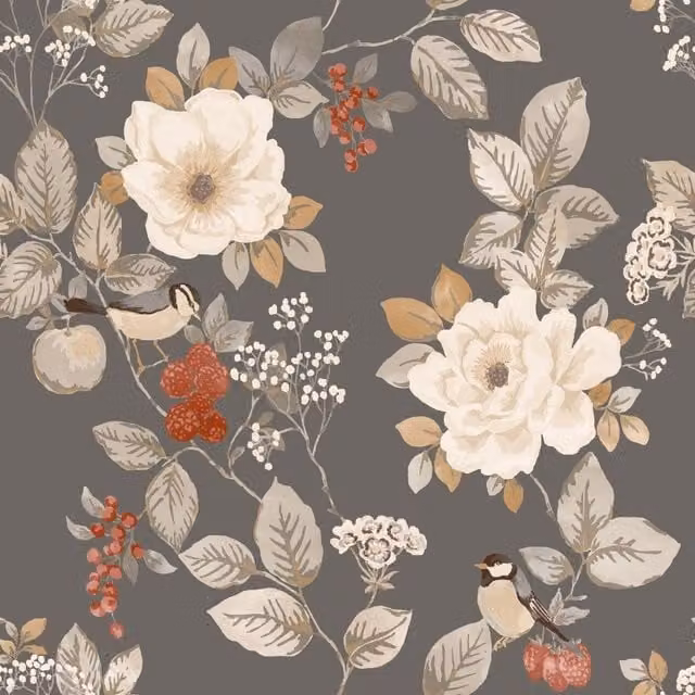 Belgravia Bramble Floral Botanical Paper Wallpaper in Charcoal Grey