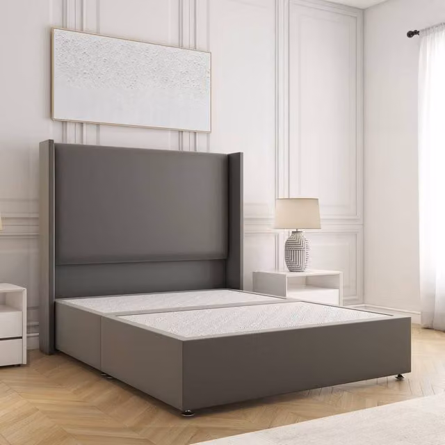 BSSPOKE Austin King Size Divan Bed with 54 inch Plush Velvet Headboard in Grey, W/D/H: 180 x 200 cm