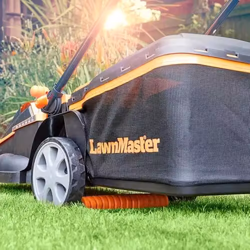 LawnMaster 48V 41cm Cordless Lawnmower in Orange with Spare Battery, Collection Bag and Mulching Kit – 3