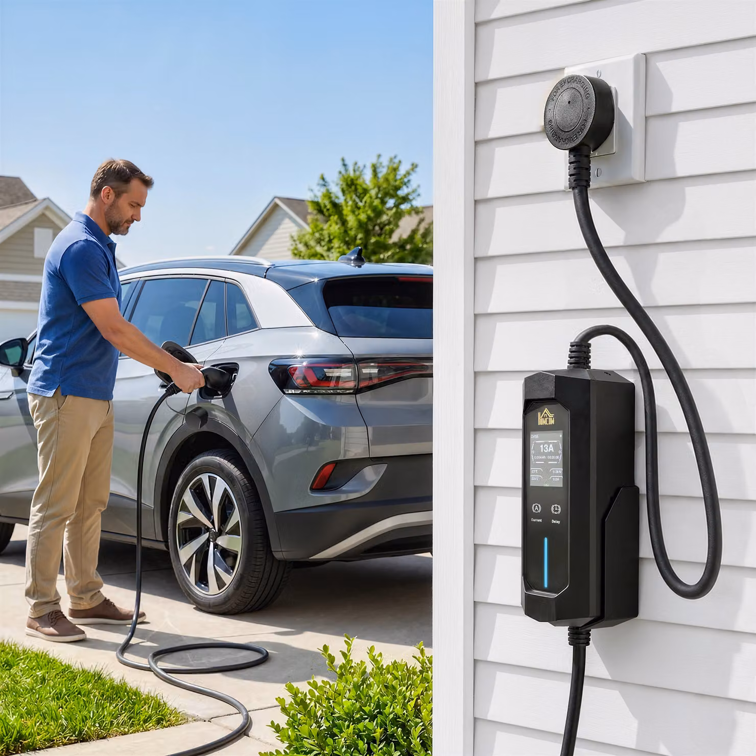 HOMCOM EV Charger Type 2 to 3 Pin Plug, 2.8 kW, 6-13 A, 10 m, Black – 2