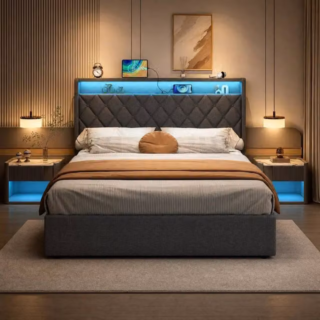 STILVORA King Size Ottoman Bed in Grey with LED Under-Bed Lighting and USB Charging Station, W/D/H: 180 x 152.4 x 120.5 cm – 1