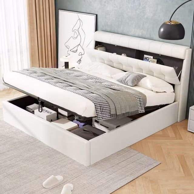 Matteo Upholstered Synthetic Leather Bed with Hydraulic Lift-Up Storage in Beige or White, W/D/H: 150 x 200 cm – 1
