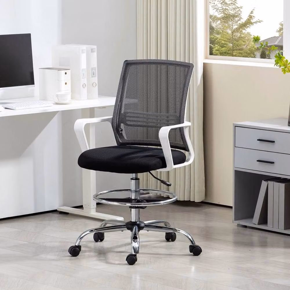 VOGREX Black Mesh Ergonomic Draughtsman Drafting Chair with Armrests and Foot Ring – 3