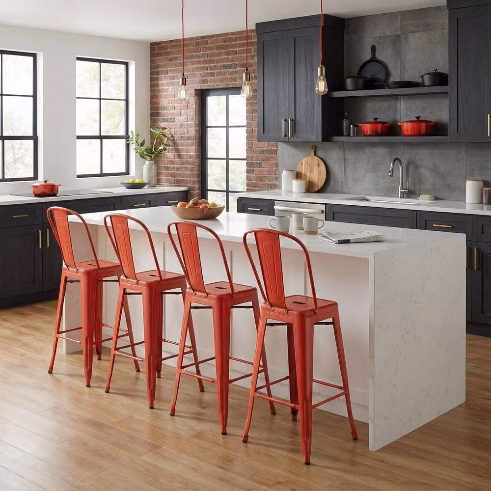 FWStyle Set of 4 Red Glossy Bistro Bar Chairs in Powder Coated Steel, H 117 x W 48 x D 44 cm – 2