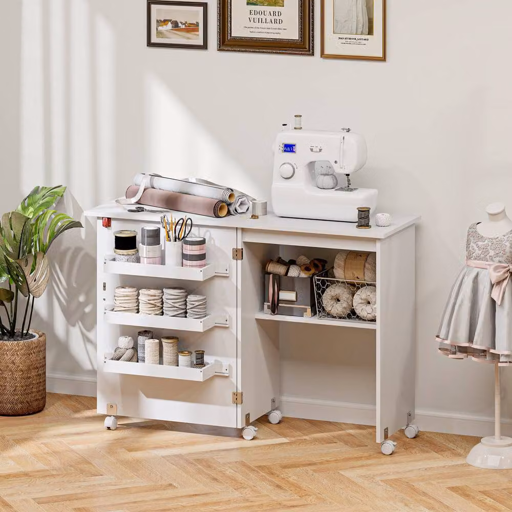 STILVORA Folding Sewing Table with Storage and Castors in White – 2