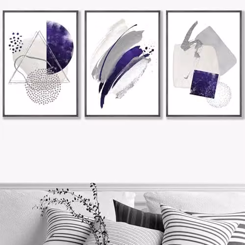 ARTZE Set of 3 Abstract Geometric Watercolour Shape Wall Art Posters in Purple, Grey and Silver, W: 30 cm, H: 42 cm