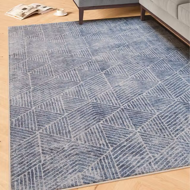 The Rug House Blue Geometric Washable Rectangular Area Rug W: 80 cm, L: 300 cm