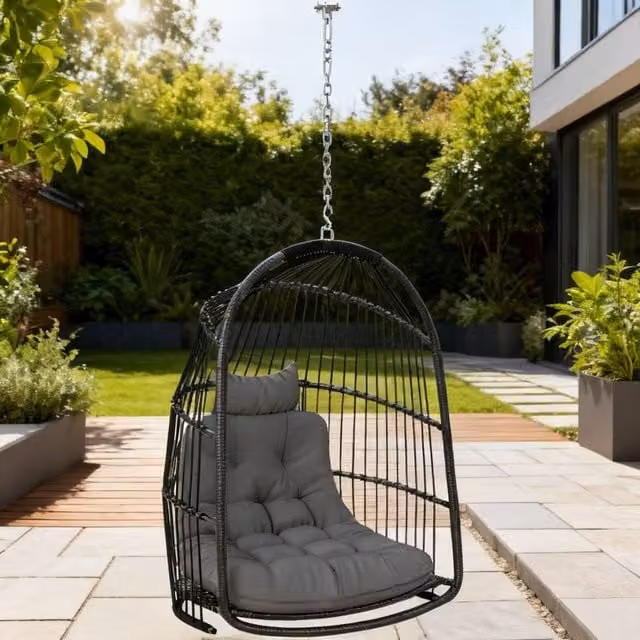ERGOVEXA Foldable Rattan Hanging Egg Chair with 360 Degree Swivel and Cushions, Dark Grey