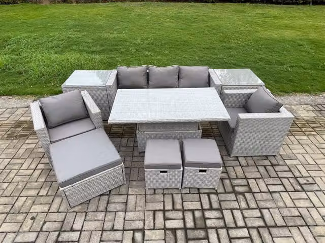 Fimous Rattan Outdoor Garden Furniture Set with Height Adjustable Lifting Table and 2 Armchairs in Light Grey