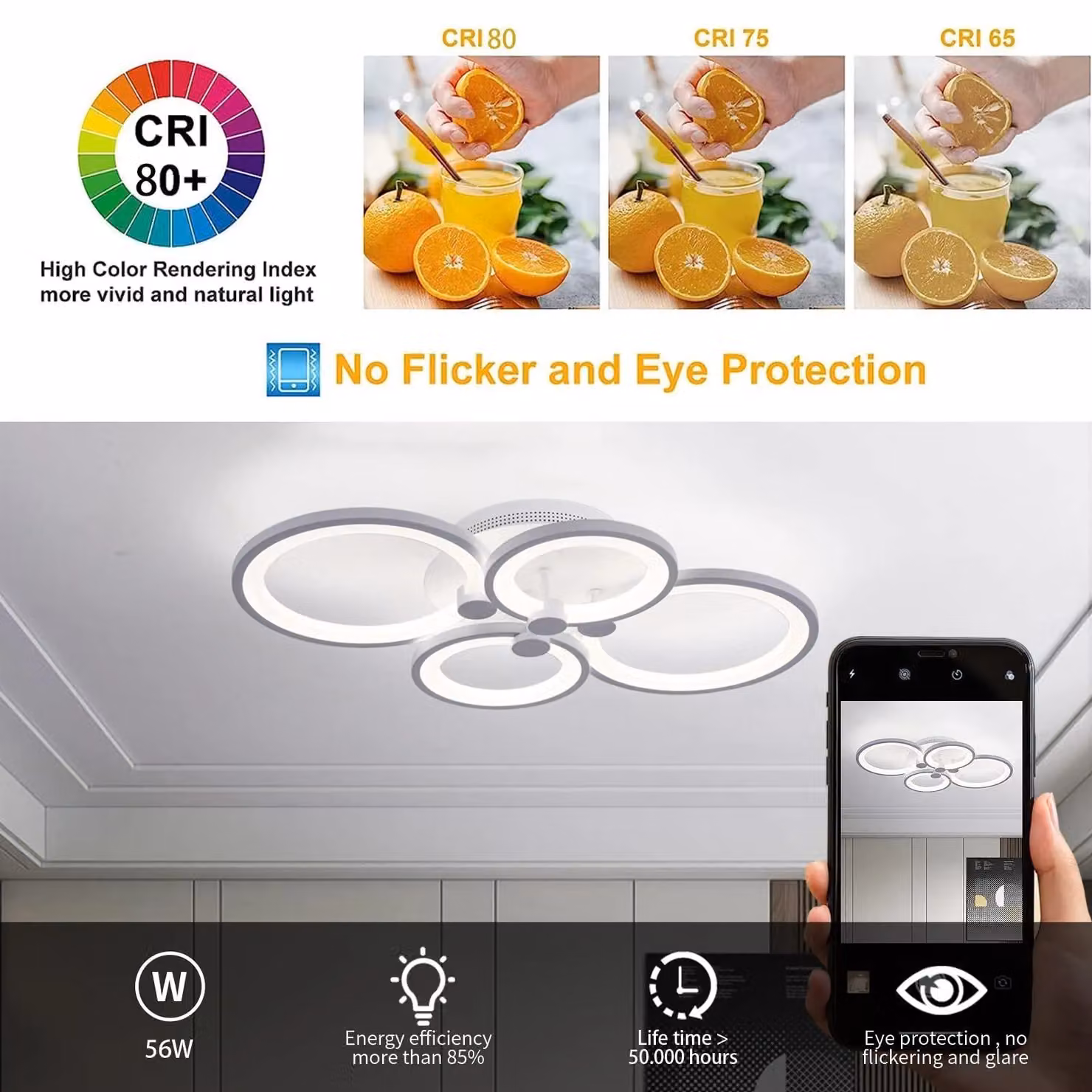 Garwarm Modern Dimmable LED Ceiling Light in White with Acrylic and Metal Ring Design – 3